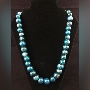 Vintage Painted Wooden Graduating Beaded Chunky Metallic Blue Costume Necklace